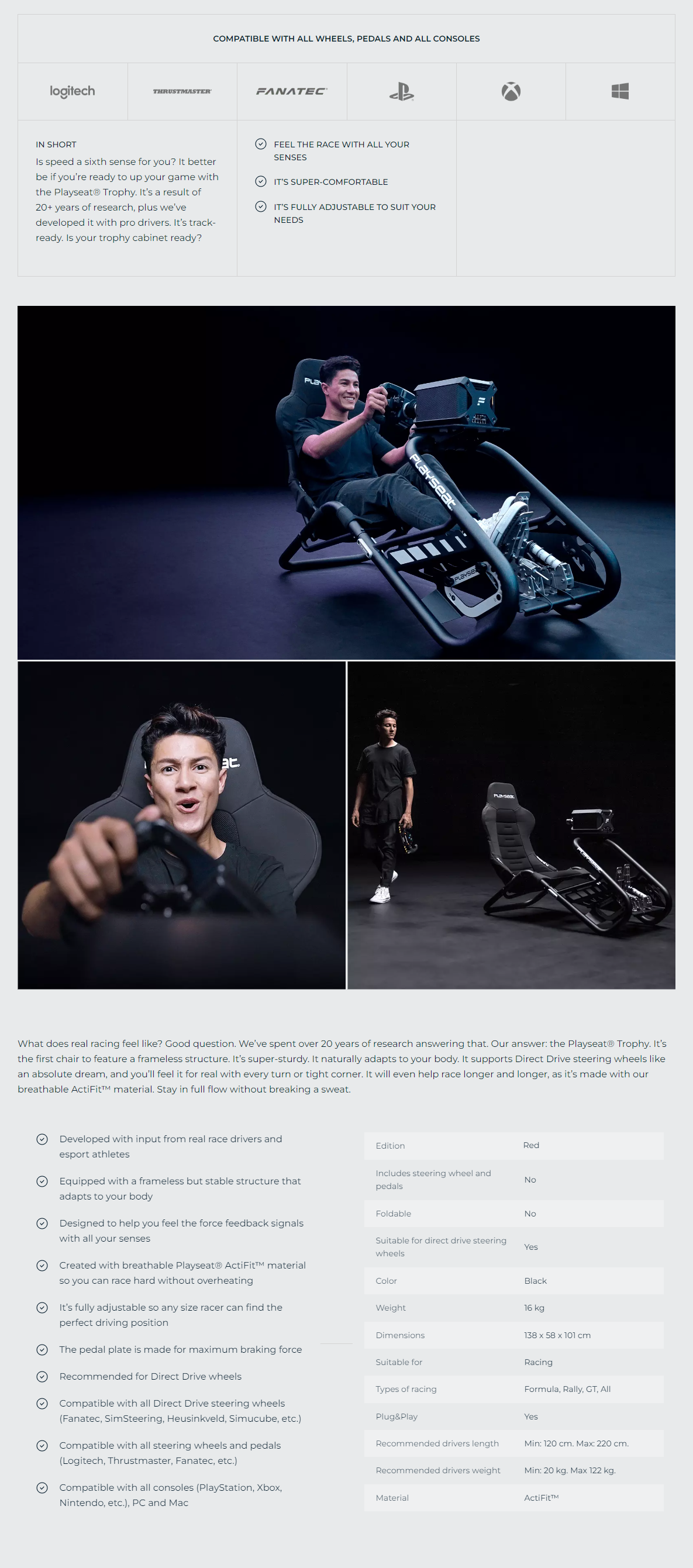 A large marketing image providing additional information about the product Playseat Trophy Racing Gaming Chair - Black - Additional alt info not provided